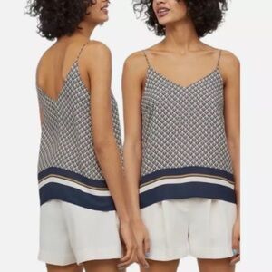 H&M Navy Blue Beige Geometric & Stripe Camisole Top Tank Blouse Lined Size 10